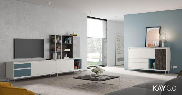 Salones modernos Blancos que tienen unos detalles exclusivos y únicos - Salon Muebles Colores CombinaDos Blanco Borneo Azul 21 768x400