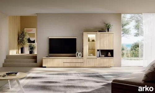 Mueble con vitrina iluminada, librería lateral y panel TV giratorio