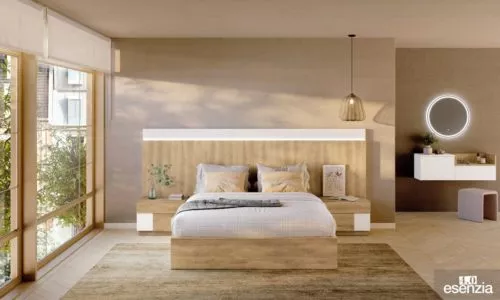 Dormitorio de matrimonio con el cabezal modelo Barita de la colección Esenzia 4.0