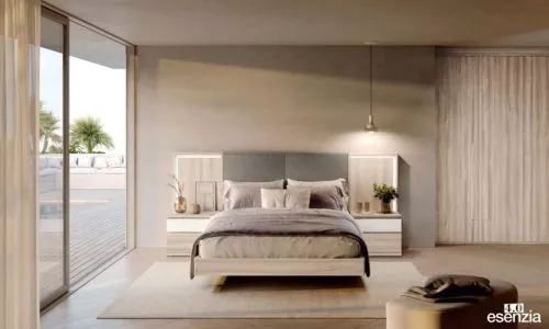Dormitorio con el cabezal tapizado modelo Cuarzo de la colección Esenzia 4.0