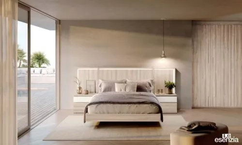 Dormitorio con el cabezal de madera modelo Cuarzo de la colección Esenzia 4.0