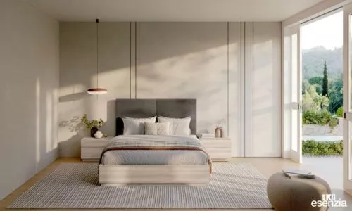 Dormitorio con el cabezal tapizado modelo Pirita de la colección Esenzia 4.0