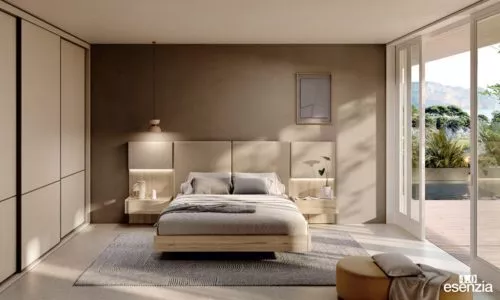 Dormitorio con el cabecero modelo Coral tapizado del catálogo esenzia 4.0