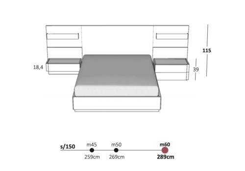 Medidas de la cama de matrimonio con mesita de noche suspendida y cabecero