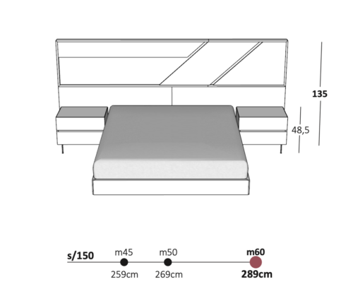 Medidas de esta cama de matrimonio con cabecero de líneas asimétricas